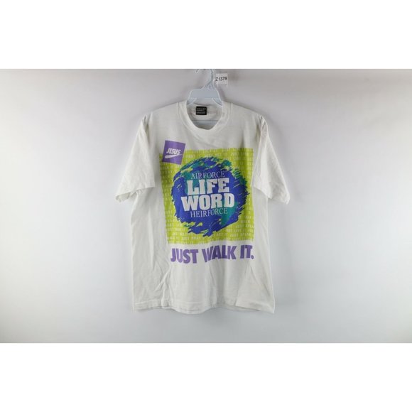 Vtg 90s Mens Large Air Force Life Word Jesus Just Walk It Double Sided T-Shirt